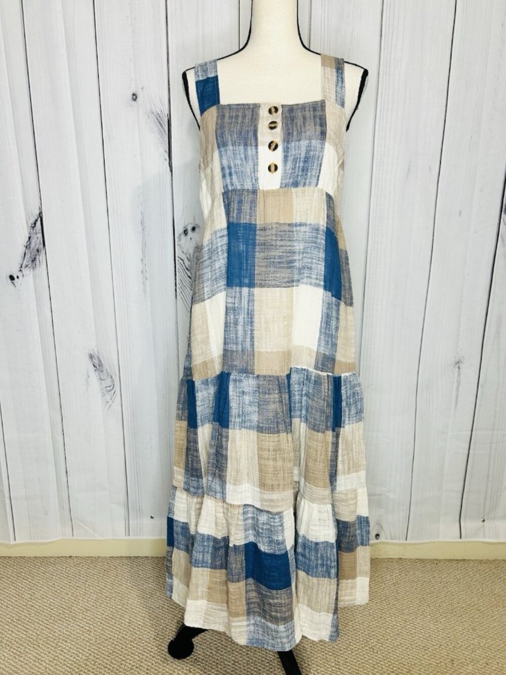 Easel Los Angeles Patchwork Midi Dress Womens Sz L Blue Tan Boho Textured NWT